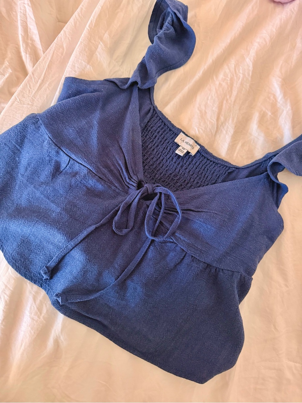 La Hearts Blue Tie-Front Cropped Tank